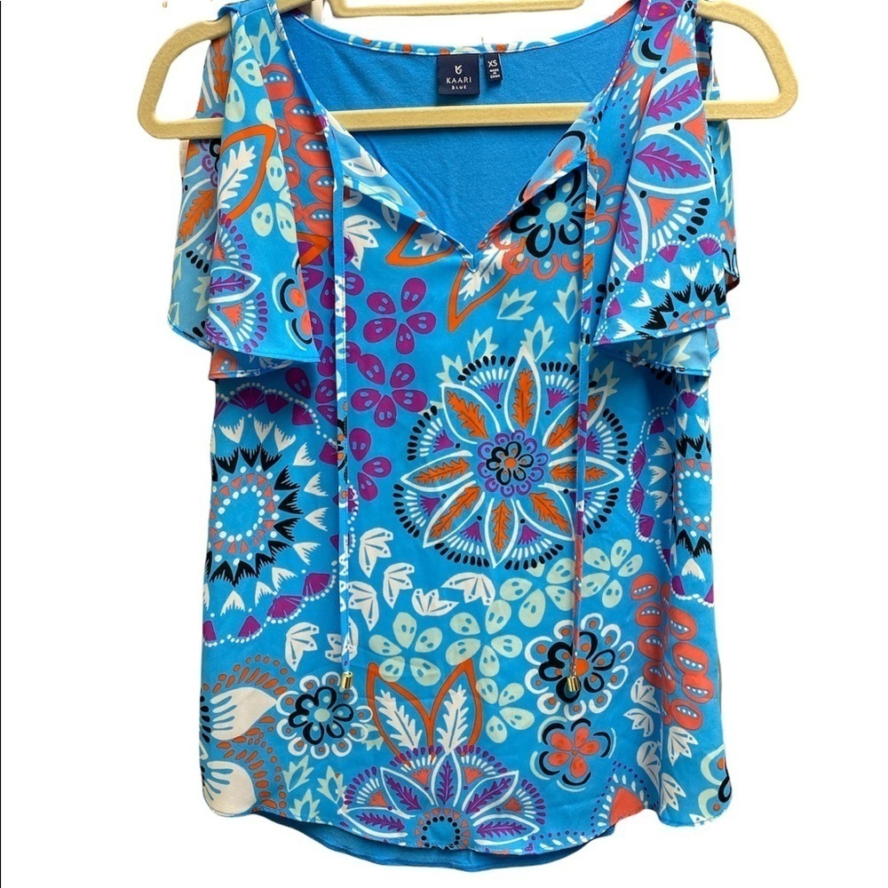 Kaari Blue blouse split sleeves V-neckline w/ties floral print size XSmall